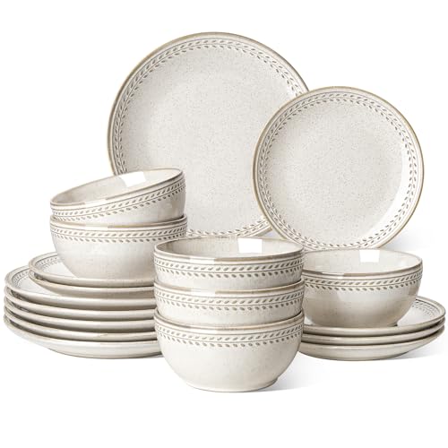 Image of LE TAUCI Dinnerware Sets for 6, 18 Piece Plates and Bowls Sets, Ceramic Kitchen Dish Set, Chip Resistant, Microwave & Dishwasher Safe, Reactive Glaze Beige (8 inch&10 inch Plate, 27oz Bowl)