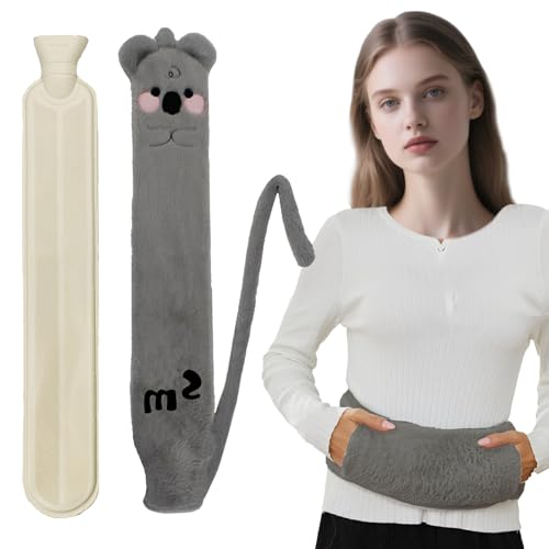 Lang Wärmflasche mit Bezug Flauschig, 2L Wärmflasche Groß mit Handwärmer, Grau Niedliche Tierformen Wärmegürtel und Werden, Auslaufsicher und...