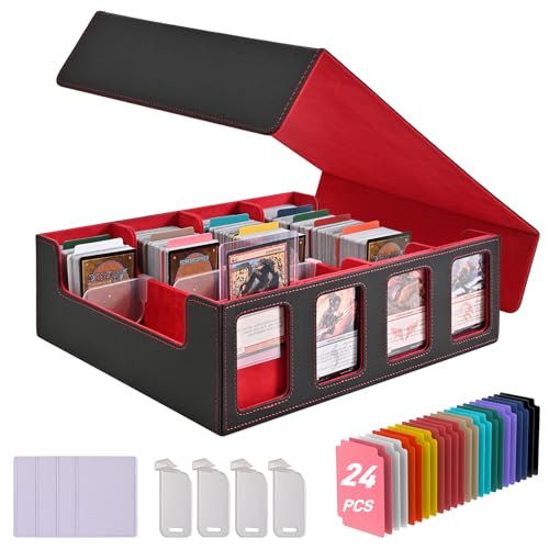 MGZKV Trading Card Storage Box, 3000+ Capacity Deck Box for MTG, Pokémon, Yu Gi Oh, 24 Colorful Dividers, 4 Card Supports, Display Window, PU Leather(Black&Red)