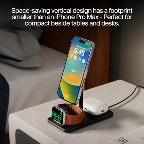 Image of Twelve South HiRise 3 Deluxe Twelve South 3-in-1 MagSafe + Qi2 Charging Stand for iPhone, Watch, and AirPods, Black