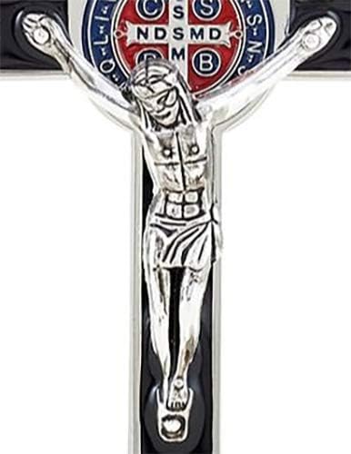 Miniatura 2 de Colgante de crucifijo de San Benito con acento plateado y esmalte negro, 3 pulgadas, Esmalte Metal, No es una piedra preciosa