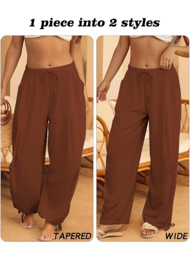 Image of Women's Linen Balloon Barrel Beach Pants Boho Harem Flowy Drawstring Casual Loose Pants with Pockets