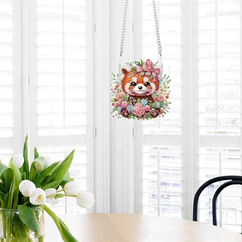Image of AiYuanzsh Diamond Painting Hanging Pendant Kits Red Panda DIY Crystal Rhinestone Wreath Kits, Colored Point Crystal Diamond Art Window Pendants Home Garden Wall Door Birthday Festival Gifts