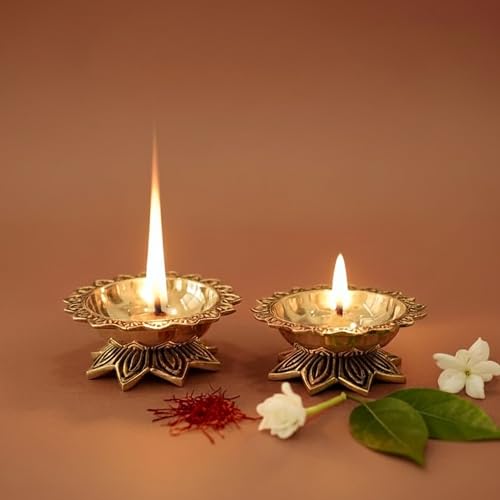 Image of Behoma 100% Pure Brass Padma Diya Set of 2 for Puja | Traditional Handcrafted Lotus Shape Oil Lamp Diya for Home, Temple, Office, Pooja Room Decoration, Festive Rituals & Housewarming Gift Item