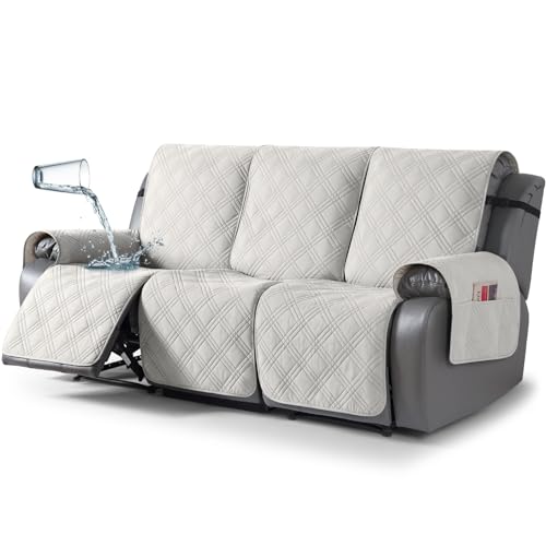 Image of TAOCOCO 100% Waterproof Recliner Sofa Cover, Non Slip Split Couch Covers for Reclining Couches with Elastic Straps, Washable Reclining Sofa Cover Furniture Protector for Kids Pets(3 Seater, Off White)