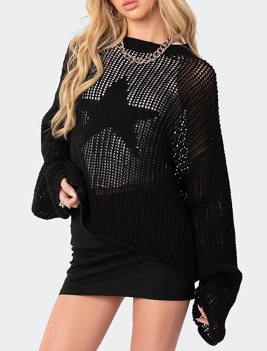 Image of CORIRESHA Women's Fashion Star Boat Neck Long Sleeves Oversized Knit Sweaters Cover Up