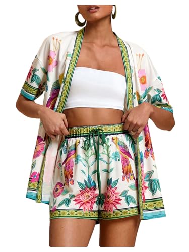 MakeMeChic Women's Two Piece Summer Outfit Beach Vacation Floral Open Front Short Sleeve Kimono and Shorts Set Multicolor Small