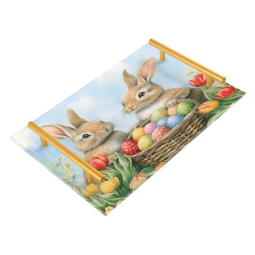 GUIJI Easter Bunny Acrylic Tray, Perfume Cosmetic Jewelry Decorative Trays Bathtub Organizer, Living Room Kitchen Serving Tray with Gold Handles