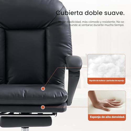 Miniatura 6 de Emiah Silla De Oficina Ergonómica Con Reposapiés, Silla De Escritorio Ejecutiva Reclinable, Sillón De Cuero Pu, Modernas Cómoda Silla De Ordenador Tocador Con Ruedas, Bonita Silla Para El Hogar, Negro