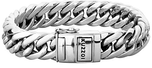 Kuzzoi Pulsera de plata "Buda" para hombre, hecha a mano, brillante, de plata de ley 925 maciza, lujosa pulsera para hombre, 14 mm de ancho, 90 g de peso 335101, 19, Plata de ley Cover
