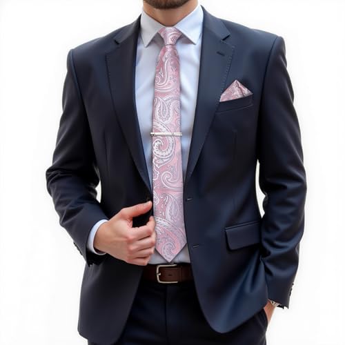 Image of DiBanGu Paisley Ties for Men Silk Necktie and Pocket Square Cufflinks Tie Clip Set Woven Classic Mens Tie for Wedding Party