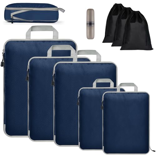 Pystuvo 9 PCS Packing Cubes for Suitcase, Extensible Organizer Bags For Travel Suitcase Organization,Compression Packing Cubes for Travel or Home Storage,Navy Blue