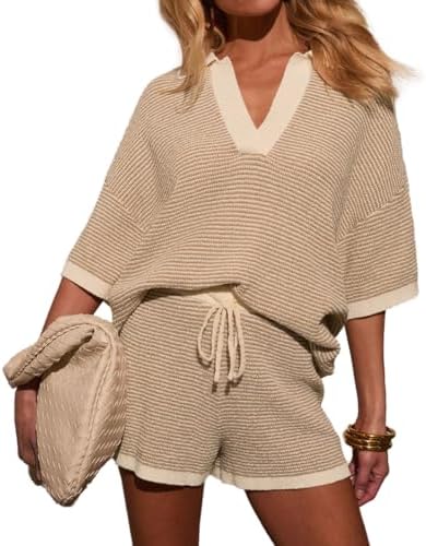 Sotimoon Womens Crochet Short Sets 2 Piece Outfits Half Sleeve V ...