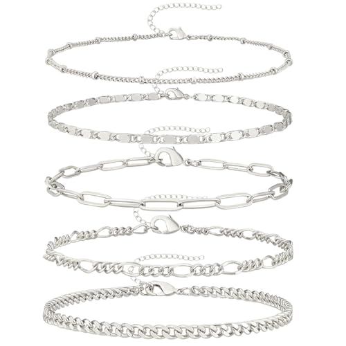 XENQITO 5Pcs Ketten Armbander für Damen, Damen-Handketten Edelstahl, Armband Damen Silber, Silber Armbänder Silver Armband Set Verstellbare Stapelbare Kettenarmband für Damen Mädchen