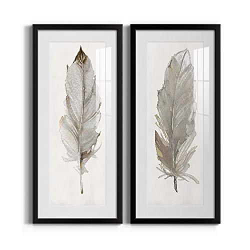 Renditions Gallery Abstract Canvas Wall Art, Modern Wall Decor Black Framed Wall Hanging Paintings & Prints - Ready to Hang - Neutral Feather II 12X28