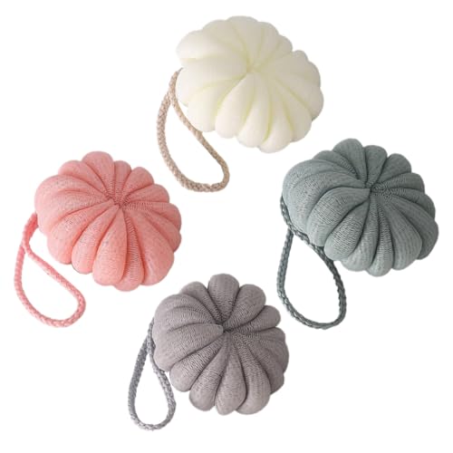 Outanaya Esponjas de Malla Elástica para Ducha 4 Piezas Multicolor (verde, Beige, Gris, Rosa) Bolas de Frotamiento Prácticas para Limpieza Corporal y Exfoliación, Accesorios de Baño Suaves