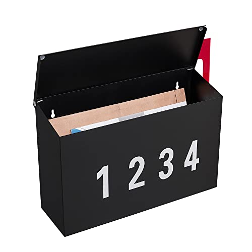 Land·voi Wall-Mount Mailbox With One Flag Kit And Three Sets Of 0-9 Mailbox Number Stickers, Galvanized Steel Rust-Proof Metal Post Box,Mailboxes For Outside,15.2"X10.4"X5.2" Black #TOP3
