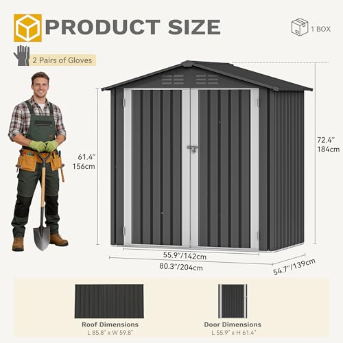 Image of DWVO 6x4ft Outdoor Storage Shed, Lockable Metal Tool Storage Sheds, Waterproof Garden Sheds with Vents for Backyard, Patio, Garage, Lawn, Dark Gray