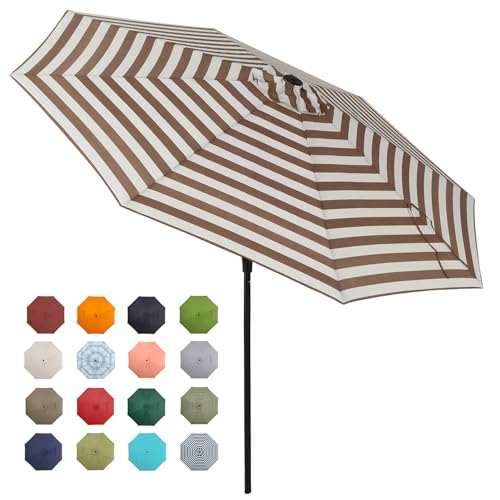 Tempera 9ft Patio Market Outdoor Table Umbrella with Push Button Tilt and Crank Large Sun Umbrella with Sturdy Pole & Fade Resistant Canopy Easy to Set Beige Taupe Stripe