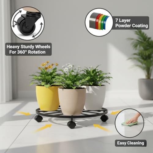Image of Round Metal Plant Stand with Wheels (Pack of 1) | Heavy Duty Pot Trolley for Home, Balcony & Garden | Black