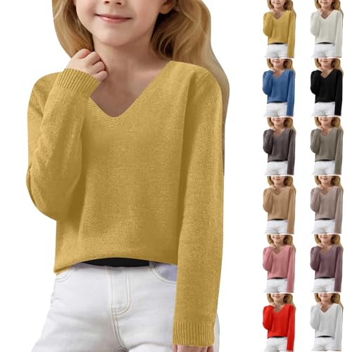 Girls V Neck Sweater Plain Knit Pullover Sweater Long Sleeve Oversized Loose Fit Soft Tops Clothes Kids Casual Tops