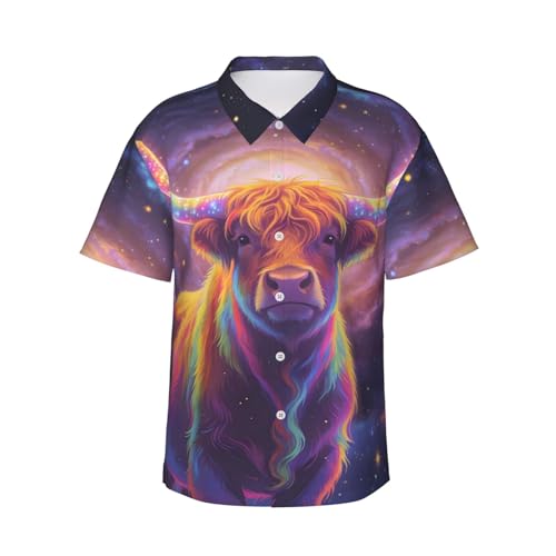 Zelinge Camisa hawaiana de manga corta con botones para hombre, camisa tropical para vacaciones, tallas S-3XL, Highland Cattle Rainbow Galaxy, Large