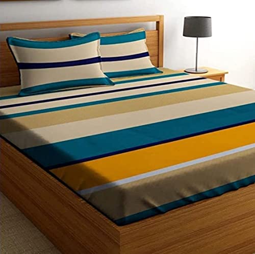 Image of NHD HOME Premium Cotton Elastic Fitted Bedsheets with 2 King Size Pillow Covers | Double Bed with All Around Elastic 180 TC Supersoft /Breathable| Size-78X72+10 inches| Yellow & Green