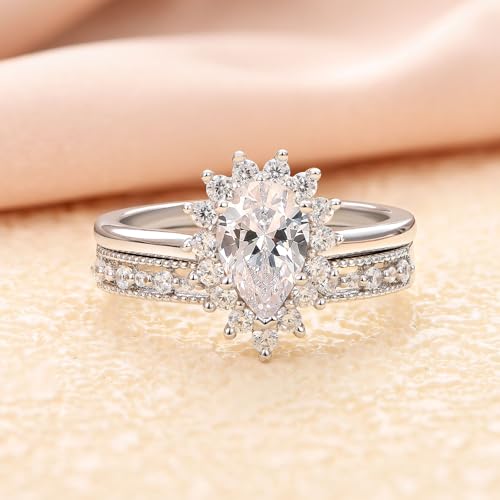 Wedding Ring Set for Her Wedding Band Engagement Ring Set for Women 925 Sterling Silver 2Ct Pear Cut AAAAA Cz Size 5-103