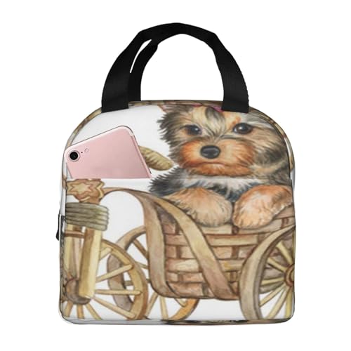 断熱ランチバッグ 大容量 防水 熱漏れ防止 スタイリッシュで丈夫 仕事、学校、アウトドア活動に便利 男女兼用 (かわいい子犬のヨークシャーテリアがバスケットの中にいます。犬は自転車に乗っています。水彩画)