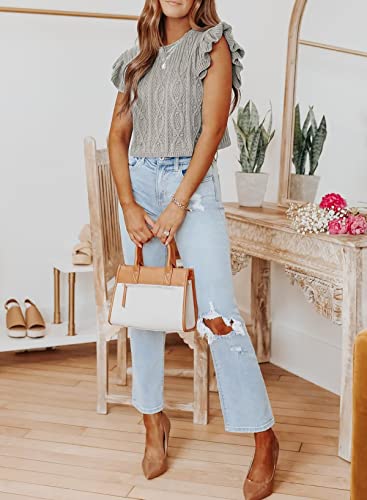Hotapei Women Crewneck Tank Top Summer Solid Ruffle Sleeve T Shirts Cable Knit Sweater Vests Grey Medium #TOP3