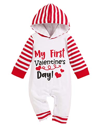 My First Valentines Day Newborn Baby Boy Girl Romper Hoodie Jumpsuit One Piece Outfit Set 0-3Months White