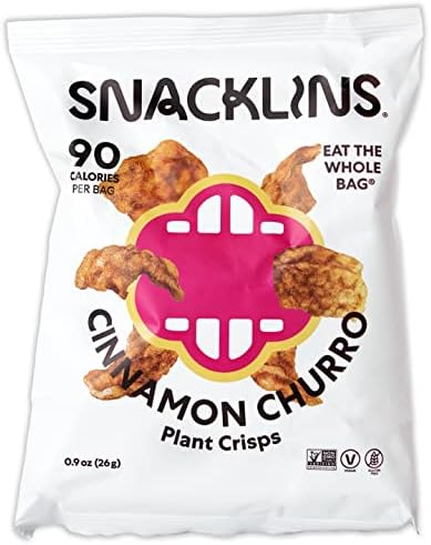 SNACKLINS Plant Based Crisps, Low Calorie Snacks, Vegan, Gluten-Free, Grain-Free, Healthy, Crunchy, Puffed Snack - Churro, 0.9oz (Pack of 12)