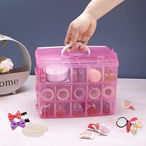 Image of 3-Tier 30 Sections Transparent Stackable Adjustable Compartment Slot Plastic Craft Storage Box Organizer for Toy Desktop Jewelry Accessory Drawer or Kitchen-Pink(30 Grid) Storage Box.