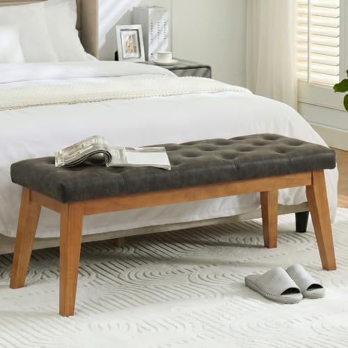 Image of 43.5 inch Padded Button Tufted Faux Leather End of Bed Bench, Charcoal Gray | Padded upholstered bench with solid wood legs, ideal for entryway, dining room, bedroom, vanity area, or living room.