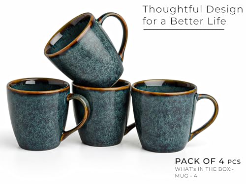 Image of Bodhi House Handcrafted Ceramic Coffee Mug Set of 4 Pieces (350 Ml), Stoneware Tea Cup, Microwave Safe Large Milk Mug, Glossy Finish, Ideal for Daily use, Casual Gatherings and Gifting, Greenish Blue