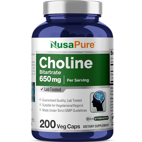NusaPure Choline Bitartrate - Suitable for Vegetarian/Vegan, Non - GMO - 650 mg 200 Capsules