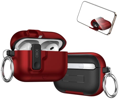 Image of Oboe Aegis Case 'Compatible with' Apple Airpods Pro 3 Case Full Protection Cover with Phone Stand, Magnetic Lock & Keyring (Red) [AIRPODS & Charging CASE NOT Included]