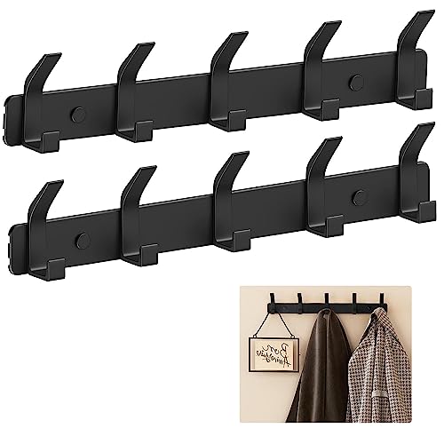 2-Pack Coat Rack Wall Mounted ，Heavy Duty Aluminum，5 Double Hook Metal Coat Hook，Modern White Coat Hook Rails Wall Hook Rack for Entryway，Kitchen，Bathroom，Closet (Black)