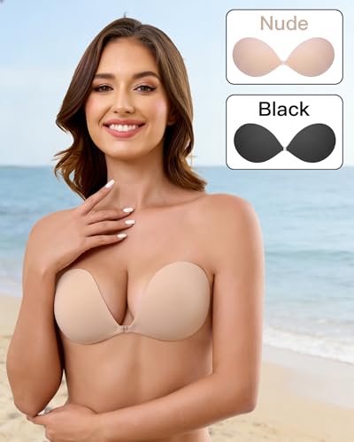 Image of MITALOO Seamless Adhesive Bra Sticky Strapless Invisible Push up Bras Silicone Backless Nipple Cover for Women Nude Black