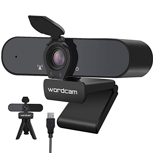 Wordcam Webcam 1080P Full HD con Micrófono Incorporado y Cubierta de Privacidad,para Videoconferencia, Estudios, Conferencias, Grabación, Juegos, Plug y Play, Clip Giratorio Flexible y trípode