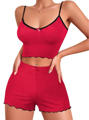 Image of Hilinker Womens Graphic Print Ribbed PJ Set Crop Cami Tops and Shorts Cute Pajamas Set