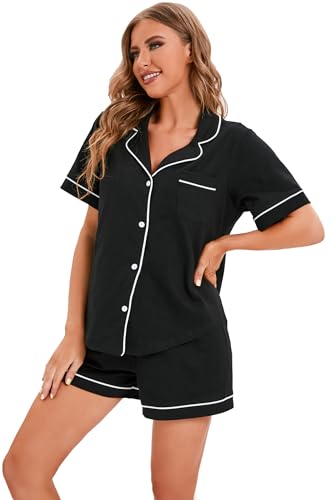 Image of LUBOT 100% Cotton Pajamas for Women 2 Piece PJ Set Button-Down Soft Knit Short Sleeve Summer Sleepwear Loungewear XS-XXL