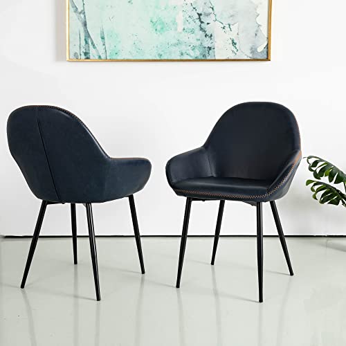 Glitzhome Mid-Century Dining Chairs Set Of 2 With Arm Leatherette Seat Metal Legs Living Room Bedroom Kitchen Modern Furniture, Navy Blue #TOP1
