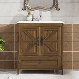 YOCONYO 30 inch Bathroom Vanity with Ceramic Sink, Wood Vanity with Hidden Storage Space, Bathroom Sink and Cabinet Combo Set, Vanity Sinks for Bathrooms (Brown, 30 inch)