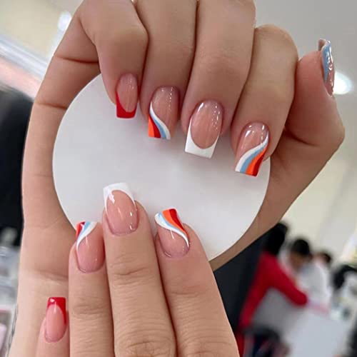 Handcess Uñas postizas francesas cuadradas cortas y brillantes a presión en las uñas postizas acrílicas de línea ondulada, 24 piezas para mujeres y niñas Cover