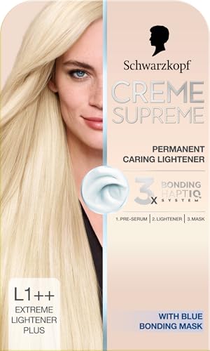 Schwarzkopf Creme Supreme L1++ Extreme Lightner Plus Permanent Hair Lightener Caring Lightener for Hair with 3-Step Bonding System Against Damage Neutralises Yellow Tones