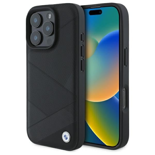 CG Mobile BMW BMHCP16X23RCGPK Coque pour iPhone 16 Pro Max 6,9" Noir Plaque en Cuir Motif Lignes croisées