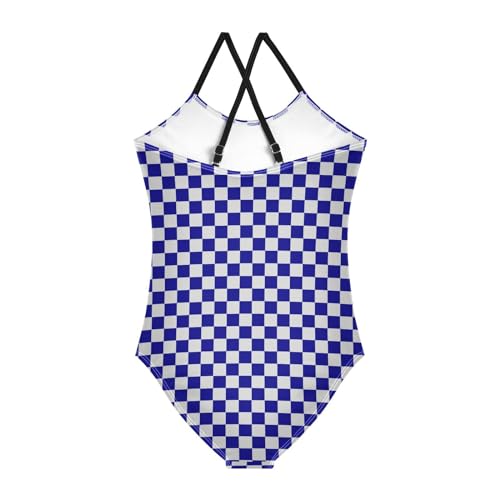 Image of Black and White Chess Girls One Piece Swimsuits Board Marble Tile Sport Halter Swimwear Beach Bathing Suit 3T