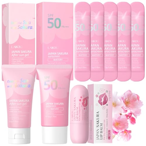 LAIKOU Set de Protección Solar, 4 piezas Set de Cuidado Facial Sakura, Kit de Viaje Skincare con Protector Solar SPF 50 + After Sun Gel Cream + Bálsamo Labial