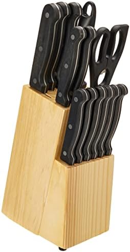 Amazon Basics 14-Piece Kitchen Knife Set with High-Carbon Stainless-Steel Blades and Pine Wood Block, Black